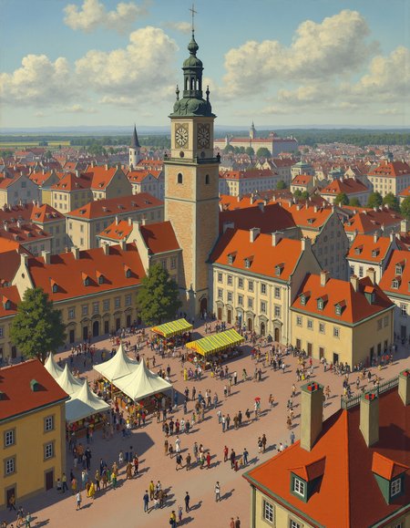 Ariel view of a European town, clock tower, town square, festival, colorful tents, banners, crowds, 1800s, brick paved roads,
<lora:claude_monet_flux1-dev.safetensors:1> by Claude Monet