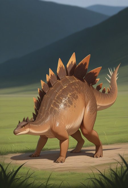 best quality, masterpiece, amazing quality, very aesthetic, absurdres, 
full body, 
1boy, 
no humans, solo, 
stegosaurus, 
feral, 
colored skin, brown skin, countershading, white belly, 
tail, 
looking to the side, 
outdoors, field