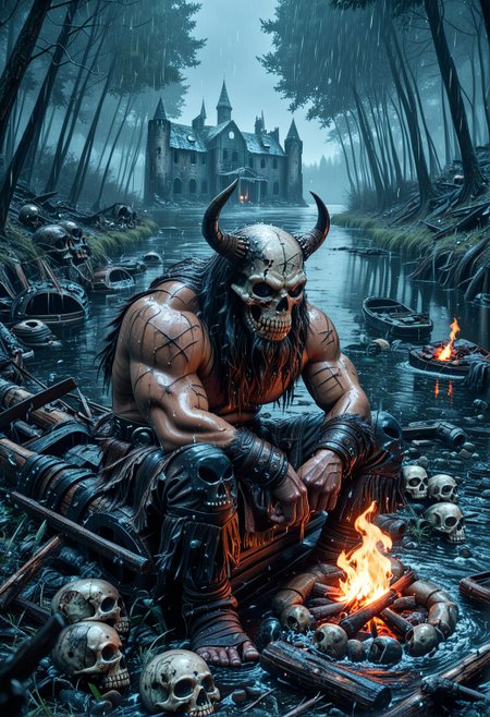 SmoothNoob_Quality, horror \(theme\), A dark european castle looming over a haunted forest and a lake, shipwrecks, rain, skull, bonfire on grass, sitting, barbarian,
 <lora:Smooth_Booster:0.5> <lora:Kyu_Yong_Eom_Style_-_Illustrious:0.5>
