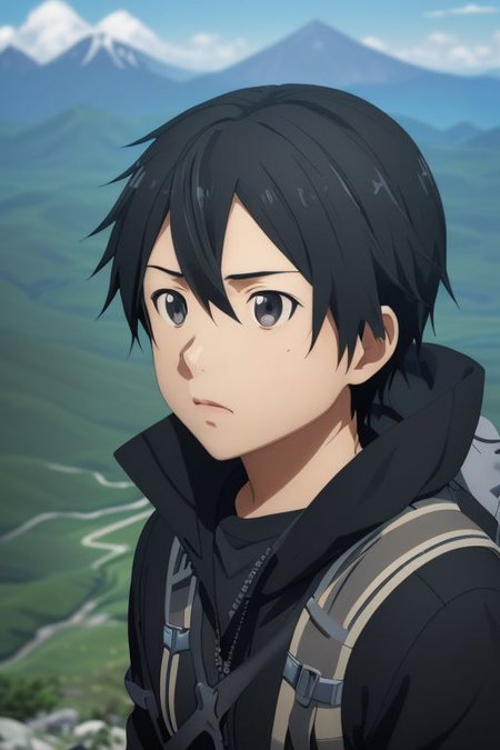 high resolution, solo, best quality, 1Boy, Kazuto Kirigaya, portraits, Black Hair, Black Eyes, landscape, looking away, high mountain, hiking gear, shallow depth of field, OverallDetail