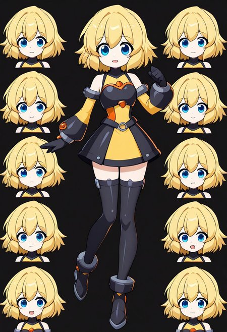 masterpiece, best quality, amazing quality, very aesthetic, absurdres, newest,shiny skin,, anime screenshot,  anime coloring, JillOCNEW,, Blonde hair, short hair, blue eyes, chibi, Yellow dress, black armor, long stockings, detached sleeves, gloves,, simple background,  black background,   open mouth, looking at viewer, xdive, Serious expression, Full body, heroine pose, smile