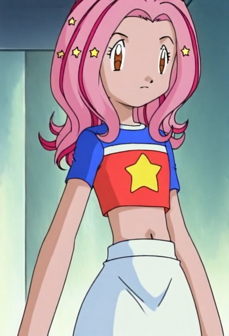 BREAK anime screencap, anime art style,anime screencap, digimon adventure 02, mimi tachikawa, 1girl, solo, skirt, long hair, pink hair, multicolored hair, brown eyes, midriff, crop top,pink hair,blue shirt, star shirt, shirt,medium hair,streaked hair, star hair ornament,hair  ornament,white skirt, 1 outfit