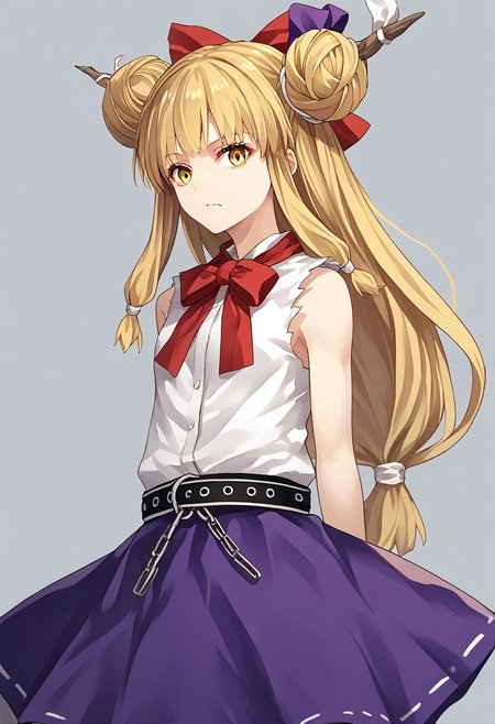 score_9, score_8_up, score_7_up, score_6_up, score_5_up, score_4_up, source_anime, 1girl, solo, 
ibuki suika, double bun, blonde hair, low-tied long hair, hair bow, yellow eyes, sleeveless white shirt, belt, purple skirt, shackles, 
masterpiece, best quality, very aesthetic, absurdres,