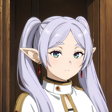 <lora:FrierenXL004>,<lora:DetailedEyes_V3:1.6>,
solo,
anime screencap,
best quality,masterpiece,
Frieren,1girl,light purple hair,twintails,multicolored eyes,earrings,