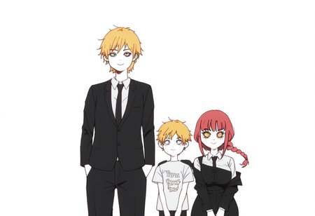 score_9, score_8_up, score_7_up,   front view, ((Five fingers on the hand)), perfect hand,  ((Girl is bigger than boy)), size difference, age difference, looking at viewer, anatofa, 1boy, 1girl, :з, white background, 
 makima(/makima, Braid hair style, tall girl,perfect eyes, detailed eyes, extra detailed face, perfect face, ((1girl)), eyeshadow, makeup, big breats, big head, milf, Mature Female, normal Sticky breasts, Bulging breasts, busty breasts,   open eyes, big eyes, heavy butt, wide hips, big girl, thick thighs, dumb-track butt, fat butt, large girl, big female, older female, hourglass figure, 1girl, mak1ma0, red hair, long hair, ringed eyes, blackjacket,white collared shirt,black necktie, ((black pants)) , black blazer, office suit, /), 
 Denji(/denji, brown eyes, Shorter boy, 1boy, short boy, ((short blonde hair)) , white t-shirt, Petty boy, small body, ((low boy)), standing boy, Low height, /),