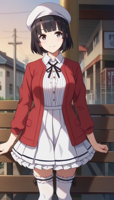 score_9,score_8_up,masterpiece,best quality,correct anatomy,anime_source,1girl,solo,perfect eyes,perfect arms,perfect legs,perfect face,outdoors,upper body,(portrait:1.5),looking at viewer,facing viewer,smile,blush,Kato Megumi,beret,white headwear,short hair,black hair,blunt bangs,brown eyes,red jacket,neck ribbon,black ribbon,white shirt,vertical-striped shirt,miniskirt,white skirt,pleated skirt,frilled skirt,zettai ryouiki,frilled thighhighs,white thighhighs,red footwear,<lora:Kato Megumi(shns)-Pony:1.8>,
