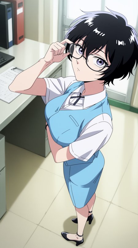 masterpiece, best quality, amazing quality, aesthetic,  absurdres, best quality, 4k, upscale, indoors, pose, standing, foreshortening, Reiko, 1girl, solo,  looking at viewer, short hair, black hair, purple eye, mole under eye,  adjusting eyewear, glasses, white shirt, blue vest, blue dress, office lady, blue skirt, short sleeves, full body,     <lora:ReikoKujirai_IL:0.8>