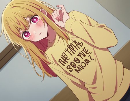 score_9, score_8_up, score_7_up, source_anime,
rubyhoshino, <lora:ruby-hoshino-s1-ponyxl-lora-nochekaiser:1>,
ruby hoshino, long hair, bangs, blonde hair, pink eyes, sidelocks, symbol-shaped pupils, multicolored hair, two-tone hair,
shirt, long sleeves, sweater, clothes writing, yellow shirt,
indoors, bed, bed room, on side, blush, drunk,
looking at viewer, cowboy shot, dutch angle, solo,