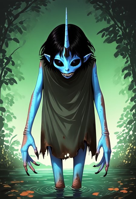 ((Alien humanoid)),
((Alien species)), solo, androgynous, aquatic features 
blue skin, ((webbed hands)):1.4,
((No nose)):1.3, ((nostrils only, nostril slits, vertical nasal slits, narrow nostrils)):1.5, ((narrow eyes)), ((black sclera, black irises)), smooth skin,  pointy ears, small ears, tiny ears, holes in skin, forehead horn, short horn, veiny horn, ((single horn)):1.0, ((4 fingers)), fingernails, thin lips, ((black hair)), ((short hair, spiky hair)), sharp teeth, digitigrade legs, bent legs,
full body shot
ragged clothes, muddy clothes, loincloth, tunic, dirty
Medieval style, fantasy style,
((Variety)):1.2
((dutch angle, 3/4 view))
river background
fully clothed, loose clothing, clean lines, smooth colors, detailed fingers, sfw, source: realistic, rating: pg, score: 8 up, score: 9