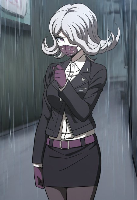 (((solo))), masterpiece, best quality, modern, modern anime, danganronpa_(series),<lora:Seiko_Kimura_Illustrious:1>, In the art style of Rui Komatsuzaki, artist: Rui Komatsuzaki, This is an anime screencap from Danganronpa 3. . Seiko Kimura is wearing her future arc uniform. Seiko Kimura is a short woman with purple eyes and a sickly complexion. She has pale grey hair and a respirator mask covering her mouth. She wears a dark-colored jacket that's half open and connected in the middle. She has a small Future Foundation ID pinned to the lapel of her jacket. Under the jacket is a white dress shirt a dark pencil skirt held by a purple belt long black stockings and purple Mary Janes. She wears purple gloves with a single white stripe in the middle.  landscape of a pleasant Street Food Hub, Raining, alluring