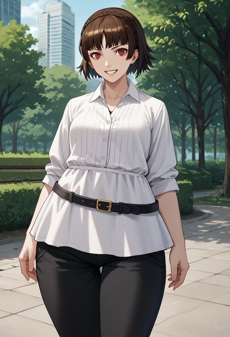 score_9, score_8_up, score_7_up, score_6_up, score_5_up, score_4_up, source_anime
1 girl, solo
p5makoto, niijima makoto, brown hair, blunt bangs, crown braid, red eyes,
p5makoto-sumcas, shirtdress, dress, white dress, open collar, black pants, capri pants, black belt, thin belt, loose belt, 
outside, park, trees, greenery, standing, smile, teeth, looking at viewer,
