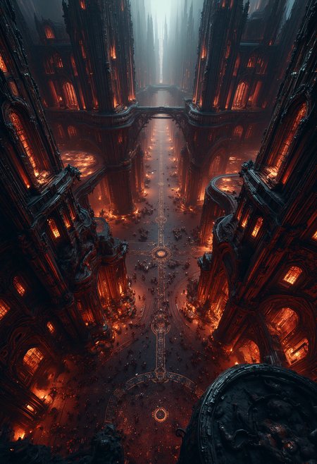 Bird's-eye view, ancient cyberpunk settlement, cyberpunk and gothic fusion. Intricate spatial composition, geometric planning, strategic shapes. Buildings that are fusions of gothic cathedrals and futuristic skyscrapers. Clustered gothic cyberpunk structures, neon lights, and bold gargoyle sculptures. Atmospheric interplay, ambient light, dynamic shadow, rich hues. Detailed architectural nuances, mosaic-like pathways, designed streets. Steampunk artifacts, monumental architectural details. Technical quality 8k, masterpiece, hyper-detailed imagery, intricate design, evocative textures, neon lighting, timeless narrative. <lora:JJsCyberPunkCity_Flux:0.6> <lora:Dever_Flux_Enhancer:0.4> <lora:42lux-UltimateAtHome-flux-highresfix:0.25>