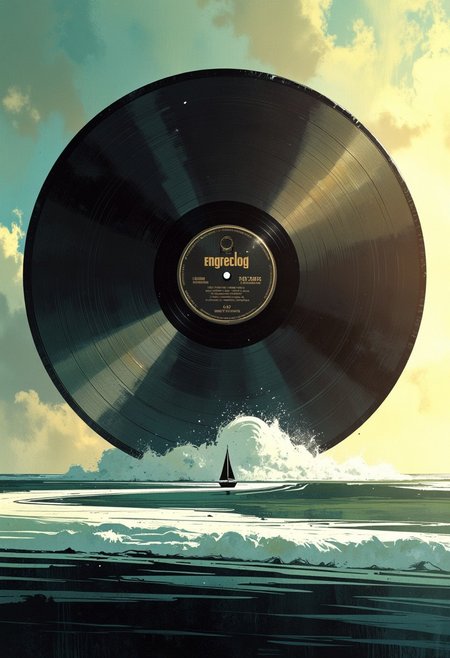 ppstorybook, 
landscape, colossal vinyl records rising from the ocean, waves crashing against their grooves, golden sunlight reflecting on the spinning discs, surreal retro aesthetic
Massive vinyl records tower over the sea, their grooves forming hypnotic patterns as the ocean waves spin them slowly. A tiny boat sails between them, the sound of music reverberating across the water.