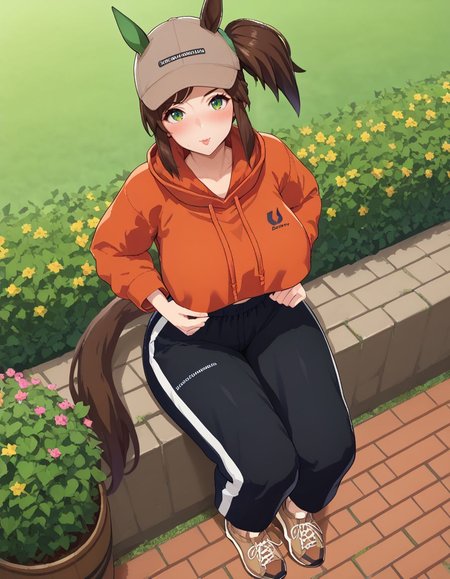 <lora:Ines_fujin_v1.0_Cibitai:0.7>, I_FUJIN,ines fujin,side ponytail,blunt bangs,asymmetrical bangs,brown hair,green eyes,freckles,horse girl,horse ears,horse tail,IF_C,single green ear cover,baseball cap,brown cap,orange hoodie,long sleeves,cropped hoodie,hood down,brack undershirt,shirt tucked in,sweatpants,black sweatpants,brown sneakers,brown shoes,garden, trees,,full body, sitting, legs apart,high angle, view from front, <lora:Ultimate_Milf_XL:1>, Mature Female, Milf, tall girl,, , score_9, score_8_up, score_7_up, score_6_up, rating_explicit, looking at viewer, 1girl, huge breasts, thick thighs,  blush, wide hips, narrow waist,