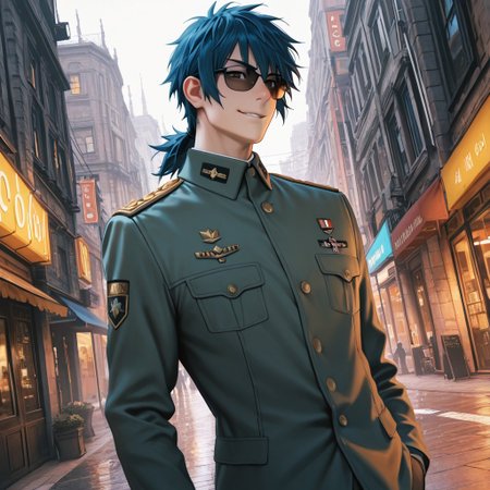 masterpiece, best quality, amazing quality, absurdres, newest, detailed background, definition so sharp, Ultra-HD, 8K cinematic, very awa, impressionate, amazing quality, highres, 
solo, male focus, manly, 
daikakukokujouji, 1boy, short hair, tied hair, low tied hair, lieutenant_pretime, lieutenant_blue hair, lieutenant_brown eyes, stylish outfit, sunglasses \(falling off\), posing, confident smirk, but off-balance, urban setting, vibrant colors, energetic, cool, clumsy, fashionable, charming