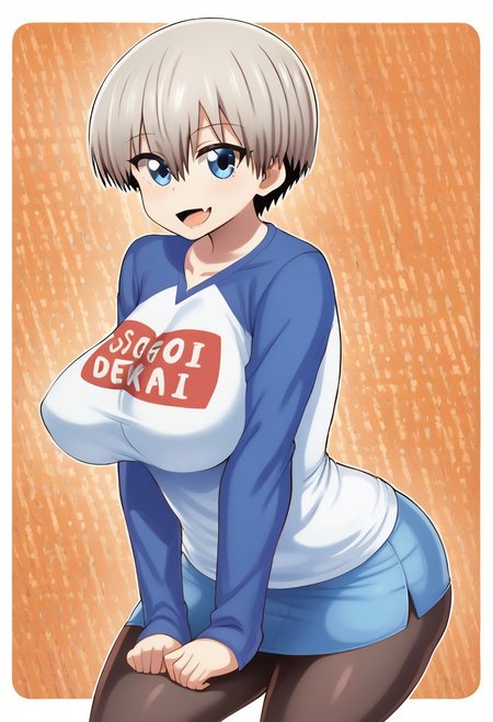 Nero, score_9, score_8_up, score_8, big breasts, (curvy), cute, eyelashes,     
rating safe, 
BREAK, 
Uzaki_Hana, blue_eyes, short_hair, grey_hair, large_breasts, blue_eyes, short_hair, grey_hair, large_breasts, blue_skirt, denim_skirt, sugoi_dekai, blue_shirt, white_shirt, blue_sleeves, raglan_sleeves, skin_fang, black_pantyhose, smug
,BREAK, 
smile, looking at viewer, cowboy shot,  
abstract background, 
zPDXL, Expressiveh