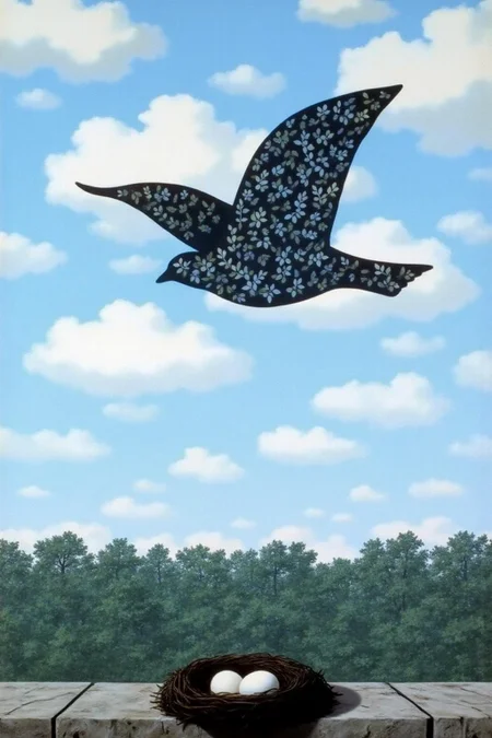 renemag1 painting.
In the bottom of the image is a bird nest with a single egg, on top of a stone wall. There is a forest behind the wall. The background depicts a clear, light blue sky with scattered, fluffy white clouds. Dominating the sky is the cutout silhouette of a bird in flight with pattern of leaves covering the body.
 <lora:renemag1_cap_d6a3:1.0><lora:829552708504658214:0>
