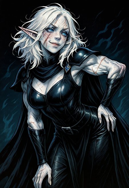 masterpiece, best quality, newest, absurdres, highres, 
FCOMV1.0,
1girl, pale, white skin, colored skin, pale skin, elf, pointy ears, muscular woman, cape, scar, scars on face, white hair, medium hair, messy hair, smug, blue eyes, detailed eyes, armor, black armor, black leather, leather amor, cape,
hand on hip, dynamic pose, leaning, leaning forward, sexy pose, pin up, 
