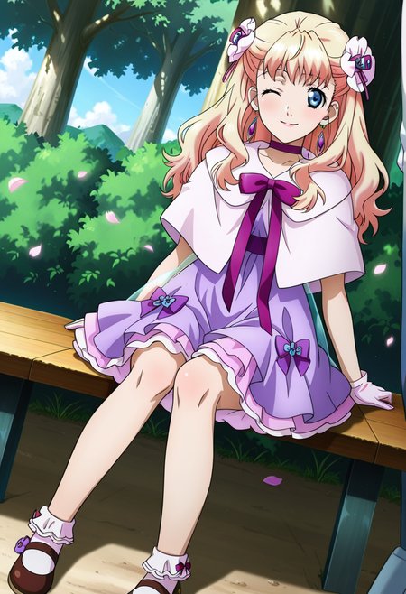 park, trees, flowers, flower petals,
BREAK,
wink, light smile, sitting,
full body, dynamic angle,
looking at viewer,
BREAK,
<lora:sherylX_illustriousXL_v01:0.9>
sherylMini, blonde hair, long hair, gradient hair, blue eyes, hair flower, earrings, 
choker, purple choker, pink gloves,
capelet, purple bow, purple dress, translucent skirt, layered skirt, layered dress, 
ankle socks, brown mary janes, flower shoes,  frilly socks, source_anime, very aesthetic, anime coloring, masterpiece, 
best quality, amazing quality, ultra detailed, very aesthetic, 
detailed background, 
BREAK,