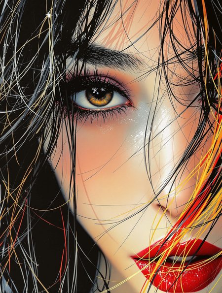 magnificent, photorealistic ink art image in the style of a movie poster, crisp lines, an extreme closeup image of the eyes of a stunning oriental young woman, loose dark hair with blonde and red streaks, red lips slightly parted, dark eyeshadow, alluring, sensual
