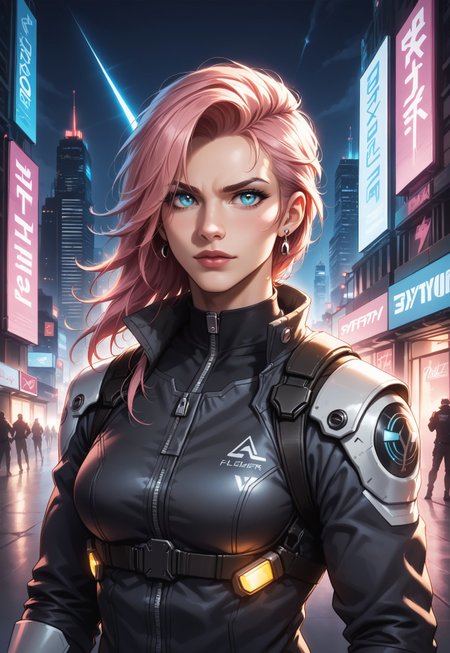 safe_pos, score_9, score_8_up, score_7_up, 1girl, solo, futuristic bounty hunter, advanced tactical armor with glowing neon accents, high-tech plasma pistol with a sleek design and glowing energy core, short spiky pink hair with cybernetic enhancements, realistic, cinematic angle, cinematic lighting, athletic body, determined face, glowing cyan eyes, combat-ready pose 
BREAK 
patrolling a neon-lit cybernetic city 
BREAK 
source_cyberpunk_art, rating_explicit, expressive, full body, dynamic pose 
BREAK 
detailed beautiful background, futuristic cityscape with towering skyscrapers and holographic advertisements, neon-lit streets with floating vehicles, cybernetic creatures and androids, distant neon skylines with flying drones, high-tech atmosphere with a sense of danger and excitement <lora:Expressive_H:0.6>Expressiveh, (SimplepositiveXLv1:1.3), 
(((upper body, full clothed:1.85))) ((masterpiece)) (ultra realistic, 32k, masterpiece:1.2), (high detailed skin:1.1), (high quality:1.1) 
(((full clothed))) 
<lora:DandonFuga_Style_v.2_-_Pony:0.8> 
(8k uhd:1,4) 
<lora:add-detail-xl:1> 
<lora:Dynamic Poses:1>