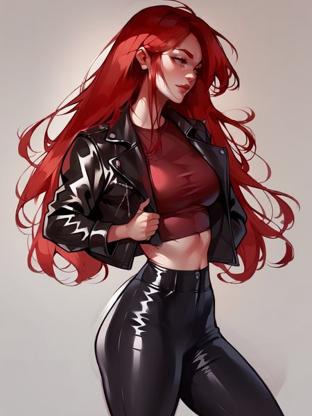 score_9, score_8_up, score_7_up, score_6_up, score_5_up,   <lora:itsyelizXLP:1> itsyeliz,, 1girl, leather jacket, black pants, curvy, long hair, red hair,