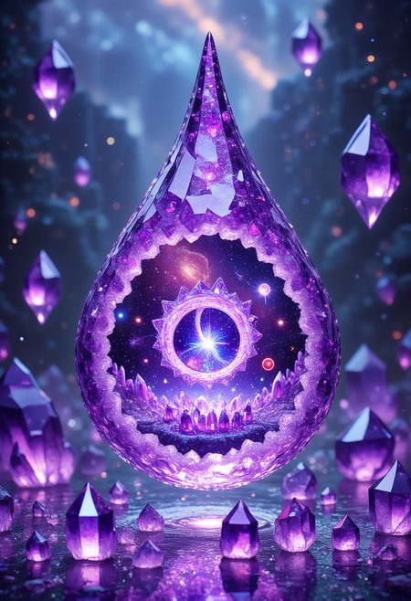 Raindrop Portals: Crystallized Realms
A single raindrop, suspended in midair, is made of sparkling amethyst crystals, and holds an entire universe within its shimmering depths. Looking closely, you can see a glowing portal floating in the center of the droplet, carved from glimmering purple crystal, leading to a dimension where the laws of gravity and time are entirely different. The curved surface of the droplet reflects a strange, swirling cosmos, with stars, planets, and crystalline creatures floating within. As the raindrop catches the light, it refracts countless purple hues, creating an otherworldly aura. When these amethyst raindrops fall to the ground, they shatter into bursts of glowing energy, releasing tiny fragments of otherworldly realms.