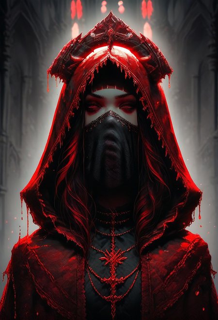 score_9, score_8_up, score_7_up, score_6_up, ornate headpiece, long black veil, black and red bodysuit, intricate patterns, , solo, black skin,  long black gloves with red accents, thigh-high black stockings with red details, A red glowing blood dripping,  melting red cloak without hood, creepy spiky crown, melting skull in hand, dramatic pose, mouth veil, indoor setting, gothic architecture, red and black color scheme, dim lighting with red highlights,  front view, deep depth of field, sharp focus on subject, crowd monster around, mhi, close up