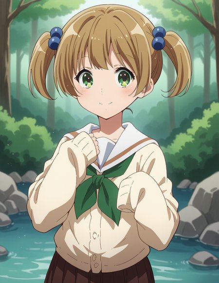 score_9, score_8_up, score_7_up, source_anime, <lora:satsuki-suzuki-s3-ponyxl-lora-nochekaiser:1>, satsuki suzuki, short hair, bangs, brown hair, hair ornament, twintails, green eyes, light brown hair, hair bobbles,, long sleeves, school uniform, serafuku, sailor collar, neckerchief, sleeves past wrists, cardigan, white sailor collar, kitauji high school uniform, green neckerchief, skirt, pleated skirt, brown skirt,, stream, water, rocks, flow, forest, smile, hand on stomach, blush,, looking at viewer, solo,, dutch angle, cowboy shot