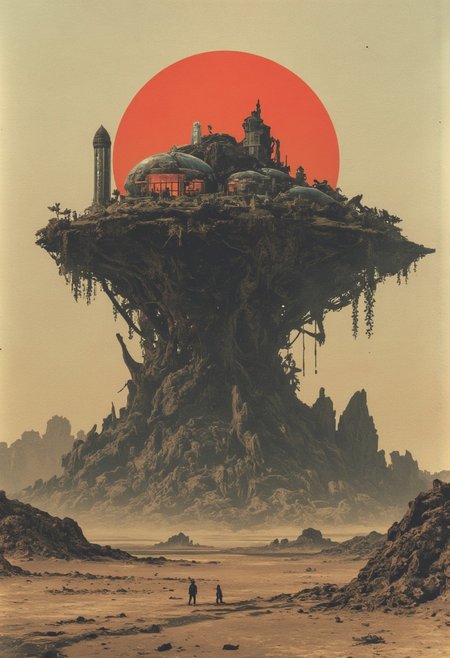 Monochrome with color, retro scan of 80s-anime-ai spectral neon Gradient ascii_art, a 80s Sci-fi Ethereal. Dark space, 80`s sci-fi book artwork, lofi, neon-pastel colors, grainy, vintage
A Zelda-inspired towering living sphere amidst a dystopian desert, modern transparent hobbit house floating island, amazing quality, masterpiece, best quality, hyper-detailed, ultra-detailed, UHD, dof, hyper-realism, majestic, awesome, inspiring: an immense floating island adorned with translucent, weathered glass structures resembling parched foliage, its vines cascading down to the cracked, arid ground below. Rising majestically from the desolate, dusty beige wasteland that envelops an abandoned translucent gray round plastic mansion adorned with a large Observation Installation glowing faint red from within. A translucent dystopian prison structure transcending into the dry, crimson sky. In front of a muted gray and beige barren horizon, with a bleak red sun casting harsh shadows. Cinematic composition, soft shadows, national geographic style, dusty atmosphere, cinematic lighting, volumetric lighting with swirling sand, film grain, cinematic film still, shallow depth of field, highly detailed.