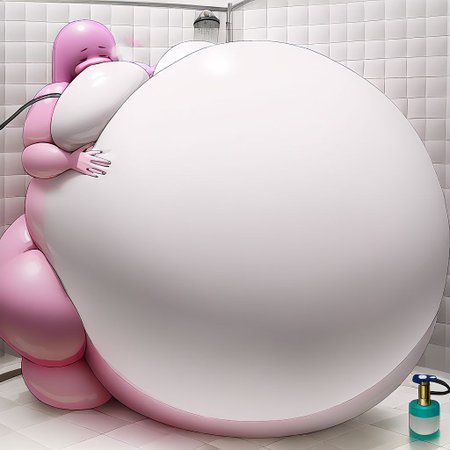 belly size bigger than main body)), (gigantic belly:2.0), goddess, shower, bathroom, cute, nervous, shy, heavy breathing, in heat, open mouth, aroused, hands on belly, hose leading into butt from air pump on ground, huge Belly press on mirror, Princess Bubblegum
