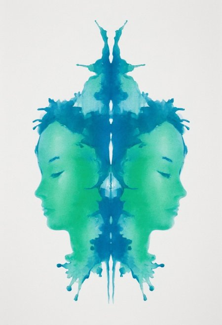 A rorschach-test resembling two symmetrical woman, dark Blue/green translucent ink splashes