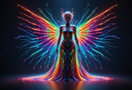 a full body fire entity whit multicolored flames, professional photography of an fantastical warrior fairy princess entirely made of cyberflies with whimsical elements, swirling magic, eerie fairytale landscape, elaborate fantasy style art, very colorful, intricate details, ultra sharp, exquisite detail, flawless composition, vivid colors, masterpiece, exciting background, TAS, TASvisuals, Psychedelic , Rave, Elaborate , Blacklight , Vibrant , cyberflies, black light paint, blp, Colorful Chaos Cracks and Drops, mad-glowtiedye, made out of,colorful,liquid,Murano Art Glass