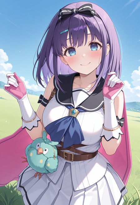 highres, best quality, masterpiece, outdoors, blue sky, grass, 
1girl, solo, pcrmsra, medium hair, purple hair, blue eyes, tareme,
pmsradef, hair bow, black bow, striped bow, hairclip, black sailor collar, two-sided cape, pink cape, white shirt, sleeveless shirt, blue neckerchief, crossed belts, belt, white skirt, pleated skirt, arm strap, white gloves, pink gloves, animal bag, stuffed toy, stuffed bird,
looking at viewer, blush, smile,
standing, hands up, head tilt,
<lora:_misora_pcr-elesico-ilxl:1>
