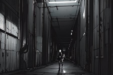 highly insanely detailed, masterpiece, top quality, best quality, highres, 4k, 8k, RAW photo, (very aesthetic, beautiful and aesthetic),  
tsutomu nihei,nihei_tsutomu,blame!,blame gakuen!,abara,TNstyle,sidonia_no_kishi,walkway,drainpipe,ventilation fan,ventilation shaft,wire,buildings,cables,tubes,industrial pipes,air conditioner,light particles,lantern,bridge,letterboxed,clouds,dark sky,black sky,dark background,no human,cyberpunk,blm,vast scenery,perspective, 
<lora:blameLora_v10:1>, 
(1girl:1.3), 
solo focus, 
deep magenta background,âââ