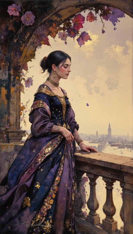 GLOW,intricate tetradic colors in every details,watercolor painting,FLUORESCENT,Rhizocarpon geographicum texture,gold dust, An arresting maiden with ebon tresses adorned with byzantine jewelry, gazes pensively from a balcony. Her diaphanous gown, a symphony of amethyst and gold, flows around her, catching the golden luminescence of the setting sun.  The balustrade, overrun with vibrant bougainvillea, frames her like a Renaissance portrait. Render the scene in meticulous detail, employing a vibrant palette with a predilection for the opulent hues of twilight. The focus should be on the girl's melancholic beauty and the sumptuousness of her surroundings. Add intricate architectural details to the balcony and a breathtaking vista of a fantastical city in the background.