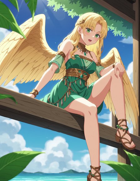 score_9, score_8_up, score_7_up, BREAK
(anime screencap:1.5), 1girl, long flowing blonde hair, wearing a green dress with intricate patterns, adorned with tribal jewelry, emerald green eyes, serene and gentle expression, sitting on a wooden platform with one leg hanging over the edge, the other leg bent, arm resting on her knee, detailed background with lush greenery and blue sky, large eagle perched on her shoulder, wings slightly spread, sunlight filtering through the leaves, soft shadows, depth of field, volumetric lighting, high dynamic range, intricate details in the dress and jewelry, realistic feathers on the eagle, peaceful and tranquil atmosphere, 2d anime style, light breeze causing movement in hair and clothes, reflections in the water below, scenic mountains in the distance, summer day, vibrant and colorful environment