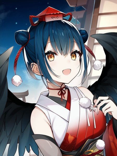 <lora:Karuta YamagamiPDXL_v1:1>Karuta YamagamiPDXL, 1girl, solo, virtual youtuber, wings, breasts, black wings, hat, looking at viewer, tokin hat, open mouth, initial costume, night sky,, score_9, score_8_up, score_7_up, score_6_up, score_5_up, score_4_up,