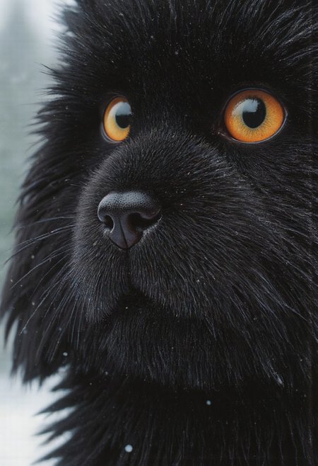 A realistic, intimate close-up of a fluffy black cat and a soft, clumsy dog, their adorable faces framed in perfect harmony. The cata's round, curious eyes glisten with childlike wonder, its whiskers delicately frosted with snow, while the dog's soft, velvety nose twitches slightly, its wide, gentle eyes filled with quiet awe. Both faces are illuminated by a warm, gentle light that contrasts beautifully with the cool tones of the falling snow, creating a soft, magical glow on their fur. 
Tiny red Heart flakes drift lazily through the scene, some catching in the cats’s fine whiskers and the dog’s fluffy ears, while others melt upon their warm fur, adding a subtle shimmer. The background fades into a dreamy blur of soft white and pale evergreen hues, suggesting a serene, snowy forest. Their expressions, innocent and transfixed, reflect the quiet enchantment of winter as they gaze forward, seemingly lost in the wonder of something unseen but deeply magical.
The light, faintly golden, filters through the snowfall, creating delicate highlights and a gentle gradient of shadows that brings out every intricate detail of their fur and features. The atmosphere is pure and serene, capturing a fleeting, tender moment of untouched winter beauty, as if nature itself has paused to marvel at the quiet, soulful connection between these two endearing creatures.