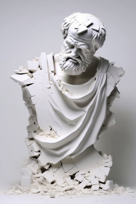 <lora:Daniel Arsham Style:1>Daniel Arsham Style - Broken bust of Aristotle on an all white ground with an all white background behind it.