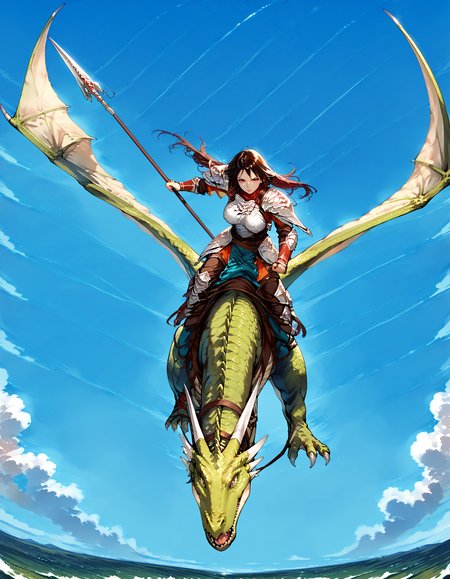 score_9,score_8_up,score_7_up,masterpiece,zPDXL3,<lora:Pony_DetailV2.0:1>,sky BREAK 1girl,1other,large breasts,
BREAK wyvern rider,dragon riding,knight,green dragon,polearm,holding polearm,holding weapon,flying,breastplate,<lora:wyvern rider-pony-v35:1>,fighting stance,charging forward,from above,