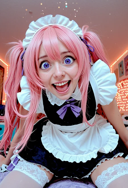 CivChan, 1girl, civchan, :D, uwu, mouth open wide, grin, smile, solo, pink hair, long messy hair, (purple eyes:1.5), maid outfit, frilly apron, short skirt, thigh highs, energetic pose, huge grin, wide eyes, tilted head, flushed cheeks, sparkles, heart icons, colorful pastel room, cluttered cute chaos, high saturation, 35mm lens, cinematic lighting, dreamy bokeh, kawaii overload, hyper expression, bouncing mid-motion, too much energy, uncontainable cuteness  <lora:CivChan_SDXL:1> masterpiece, 4k, ray tracing, intricate details, highly-detailed, hyper-realistic, 8k RAW Editorial Photo.
cinematic light, dramatic light, shallow depth of field,  high budget, bokeh, cinemascope, film grain ISO 200 faded film, 35mm photo, grainy, vignette, vintage, Kodachrome, Lomography, stained, highly detailed, found footage