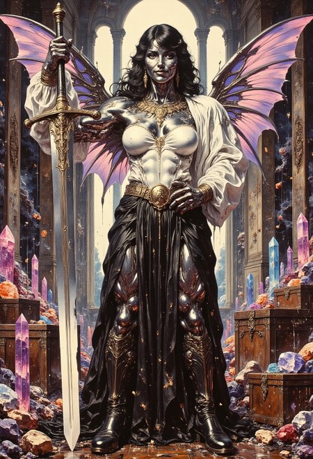 Realistic oil painting of a strong (Violet Eyes and flowing Black Hair, Extravagant Multicolored Crystalline Fairie Wings, MetalFairie, Fairie Woman with Metallic Chrome Skin, Huge Muscles) She's wearing a white corset with flowing sleeves, a black leather pleated skirt, and black leather boots. The womans strong muscular frame grips a huge sword with one hand it's jagged blade glowing faintly with runic etchings. Her expression is that of amusement, her lips curved up in a smirk. Adorning her chest are an arrangement of necklaces with ancient symbols. She stands in large room filled with treasure chests filled with gold and massive multicolored crystals, with huge stained glass windows. Her metallic skin sparkles with crystalline dust, and sweat trickles down her cleavage and her huge muscles.