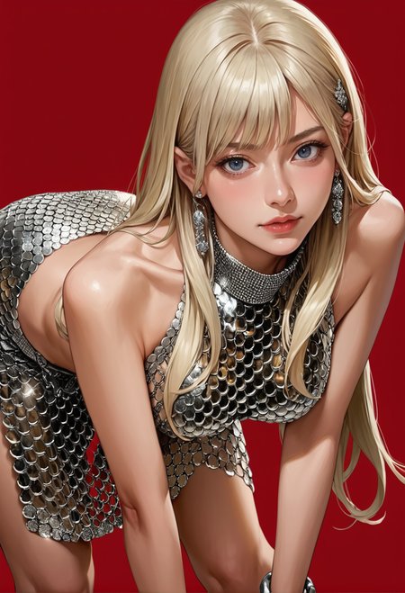 1girl,solo,red background,blonde hair,long hair,cowboy shot,,ruanyi0801,revealing clothes,jewelry,chainmail,sleeveless,tight skirt,bent over,<lora:0801 nightclub clothing 1_v1_pony:1>, score_9,score_8_up,score_7_up,,8k,1girl,solo,,