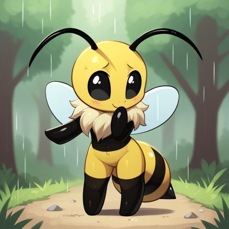 <lora:Joaoppereiraus_Style_Pony_XL:1>, joao, by joaoppereiraus, score_9, score_8_up, score_7_up, score_6_up, score_5_up, score_4_up, sfw, cute, forest background, rain, short, arthropod girl, 1girl, solo, antennae, vi_bee, black eyes