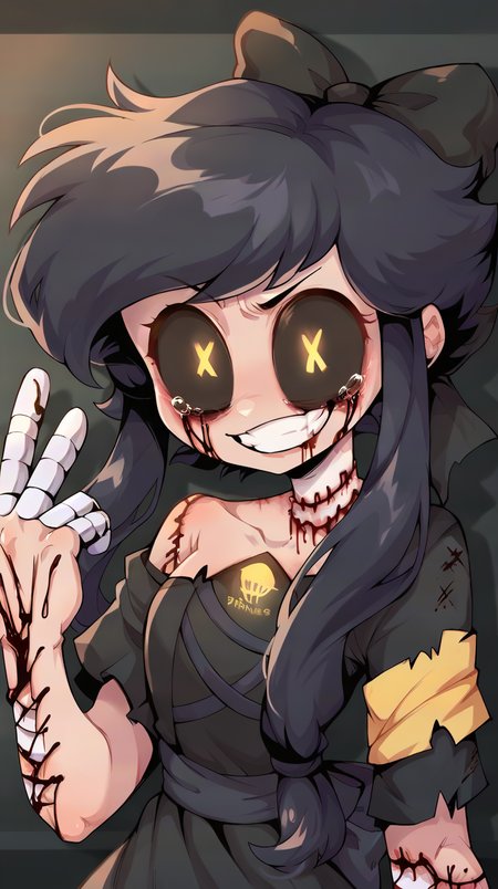 2D,score_9,score_8_up,score_7_up BREAK 1girl,solo,mdcyn,black hair bow,black sclera,colored sclera,yellow eyes,short black hair,braids,black dress,mechanical hands,stitches,injury,scars,+ +,injury,scars,blood,black tears,single mechanical leg,upper body,middle finger,smug,<lora:Cyn:1>,