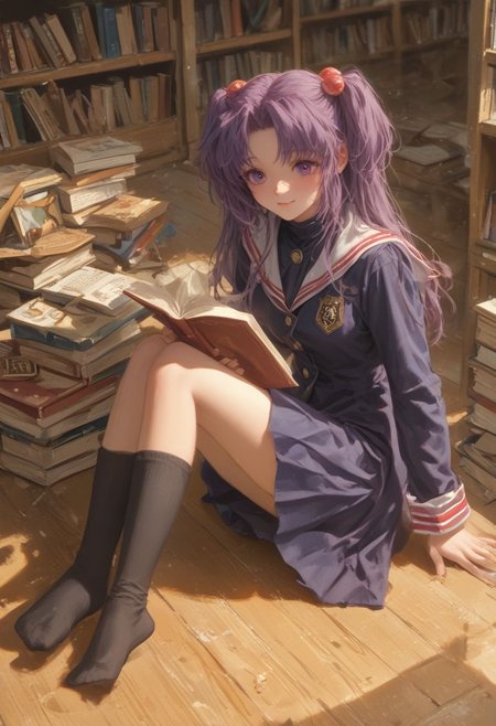 Masterpiece, official art, high resolution,score_9, score_8_up, score_7_up, score_6_up, rating_safe, semi-realistic, library, sitting, m legs, <lora:ichinose-kotomi-xl-20:1.2>, ichinose kotomi, realistic skin texture, clannad uniform, blue skirt,long skirt, black socks, two side up, holding a book, looking up, smile,extreme detailed