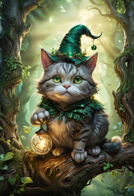 Create an image of a chubby and cute fantasy witch cat perched on an ancient, gnarled tree branch. The cat has emerald green eyes and a shimmering, dark fur coat with mystical patterns. Surround it with glowing orbs of light in a twilight forest setting. Use dramatic, cinematic lighting to highlight the contours of the cat's face and the textured bark of the tree, casting deep shadows and creating an ethereal atmosphere. Incorporate a shallow depth of field to keep the focus on the cat while gently blurring the enchanted forest background.
