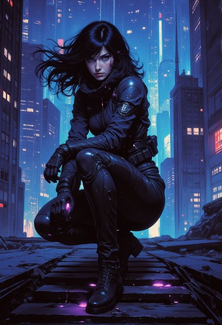 (nistyle:1.2) cinematic shot of a heroine squatting on a plank bridge by night. she wears a tight black combat suit with violet accents. her compact posture conveys agility and deftness, her expression is calm and ready. 
her black and violet short hair furiously swaying in the wind. 
her silhouette illuminated by a blurry blue glow, creating a stark contrast with the background. cold blue light highlighting her hyper detailed fabrics and skin.
the plank bridge is placed high in the sky, probably between skyscrapers. below a sprawling megacity, illuminated by vivid colorful neon lights.
