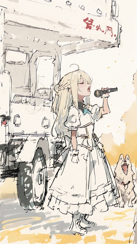 masterpiece, newest,absurdres,incredibly absurdres, best quality, amazing quality, very aesthetic, white theme, yellow fog,
1girl,dog days, singing, trailer,
 <lora:S4bit4mago:1> S4bit4mago_illu,  <lora:pikus0n_illu:1> pikus0n_style, sketch